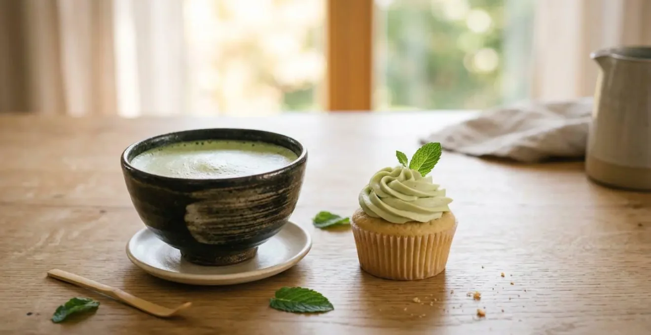 Bol de matcha mousseux à côté d'un cupcake au glaçage vert pâle sur table élégante