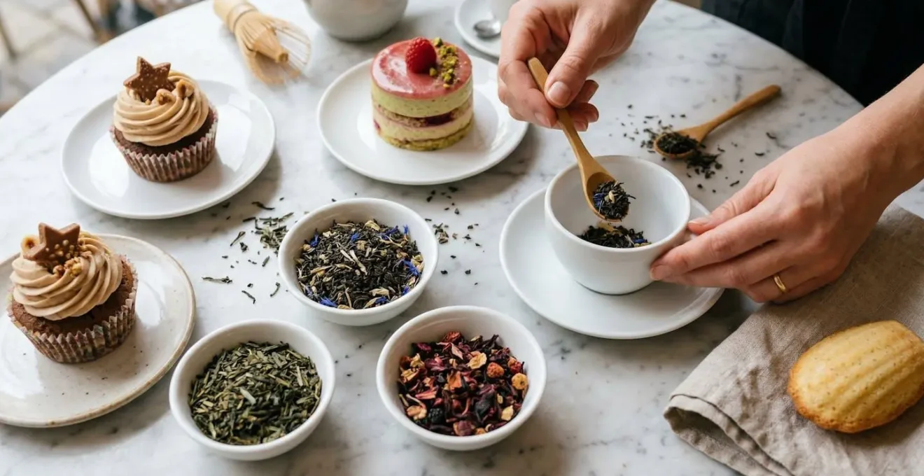 Assortiment de thés en vrac dans coupelles avec cupcakes et entremets service thé restaurant