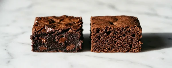 Comparaison visuelle de deux brownies aux textures différentes, l'un fondant et dense, l'autre plus aéré et moelleux