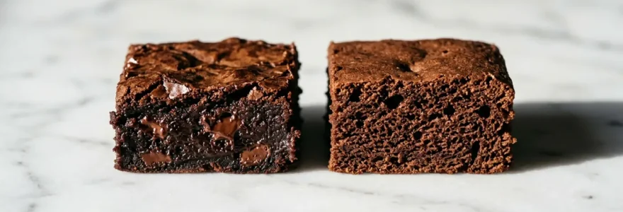 Comparaison visuelle de deux brownies aux textures différentes, l'un fondant et dense, l'autre plus aéré et moelleux