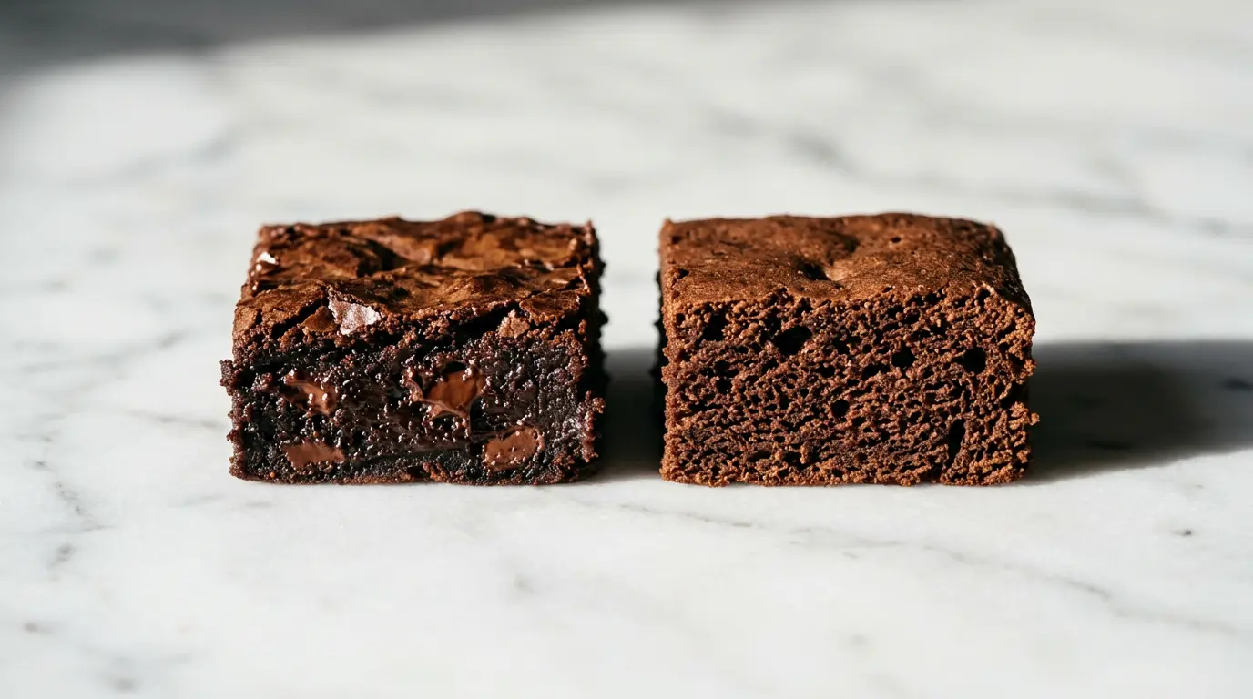 Comparaison visuelle de deux brownies aux textures différentes, l'un fondant et dense, l'autre plus aéré et moelleux