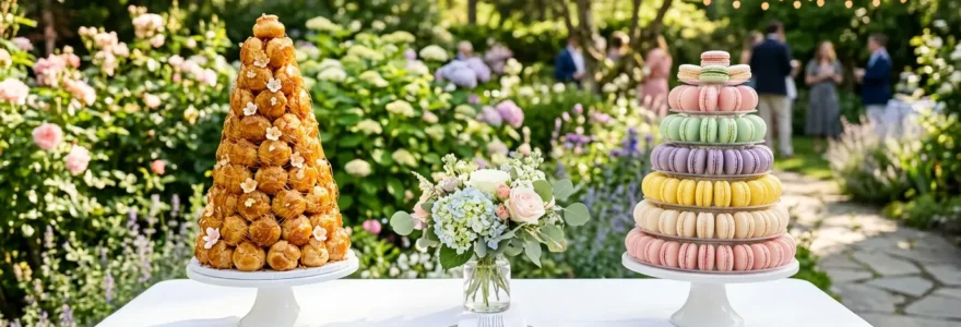 Comparaison estivale entre une pyramide de choux dorés et une tour de macarons colorés sur une table de buffet en plein air