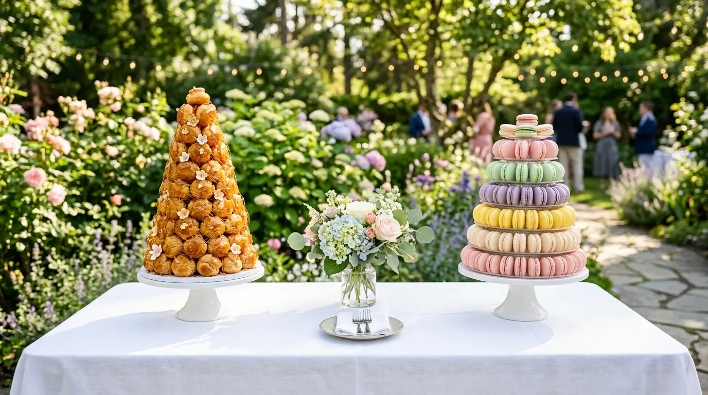 Comparaison estivale entre une pyramide de choux dorés et une tour de macarons colorés sur une table de buffet en plein air