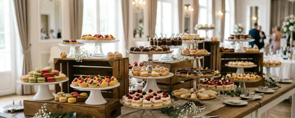 Buffet de mignardises disposé sur plusieurs niveaux avec étagères et plateaux présentant une variété de pâtisseries miniatures dans un cadre élégant