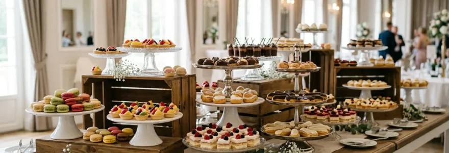 Buffet de mignardises disposé sur plusieurs niveaux avec étagères et plateaux présentant une variété de pâtisseries miniatures dans un cadre élégant