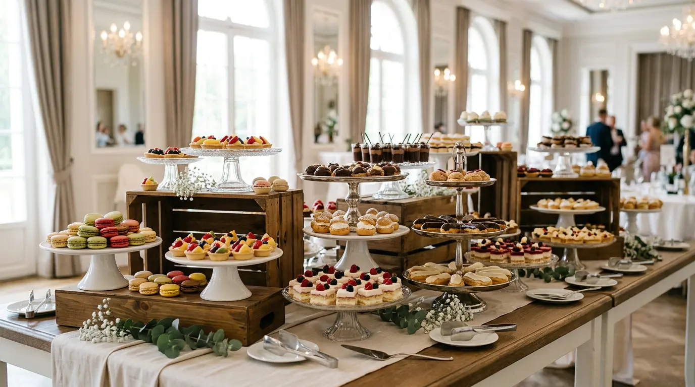 Buffet de mignardises disposé sur plusieurs niveaux avec étagères et plateaux présentant une variété de pâtisseries miniatures dans un cadre élégant