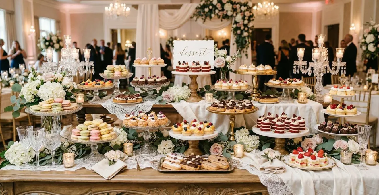 Table de desserts élégante avec une variété de mignardises disposées sur plusieurs niveaux pour créer l'abondance visuelle.