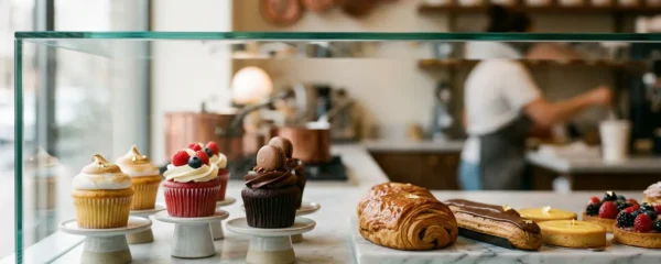 Présentation élégante de cupcakes artisanaux côtoyant des pâtisseries fines françaises dans une vitrine moderne