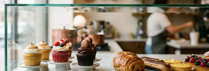 Présentation élégante de cupcakes artisanaux côtoyant des pâtisseries fines françaises dans une vitrine moderne