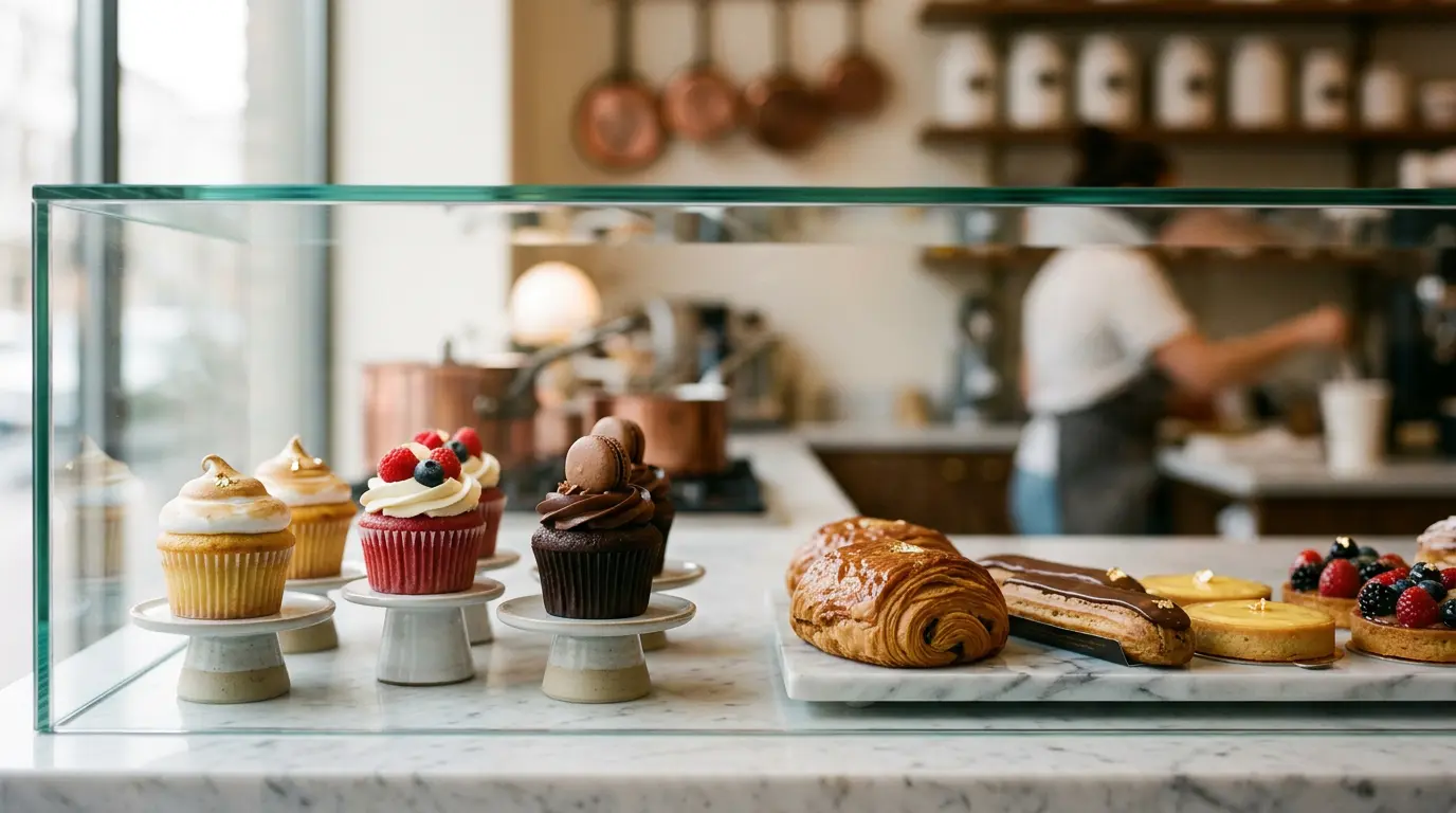 Présentation élégante de cupcakes artisanaux côtoyant des pâtisseries fines françaises dans une vitrine moderne