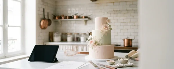 Cake designer française calculant le prix de ses créations dans son atelier