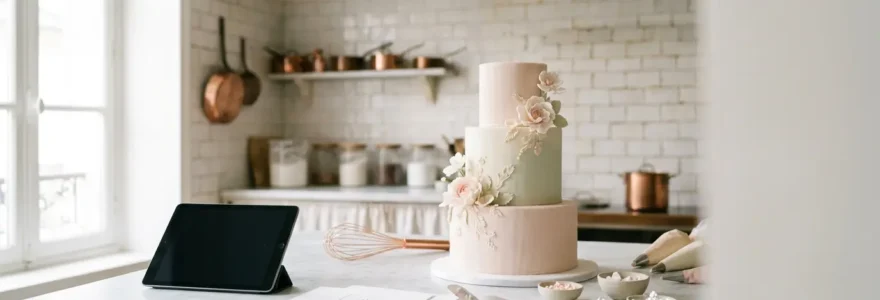 Cake designer française calculant le prix de ses créations dans son atelier