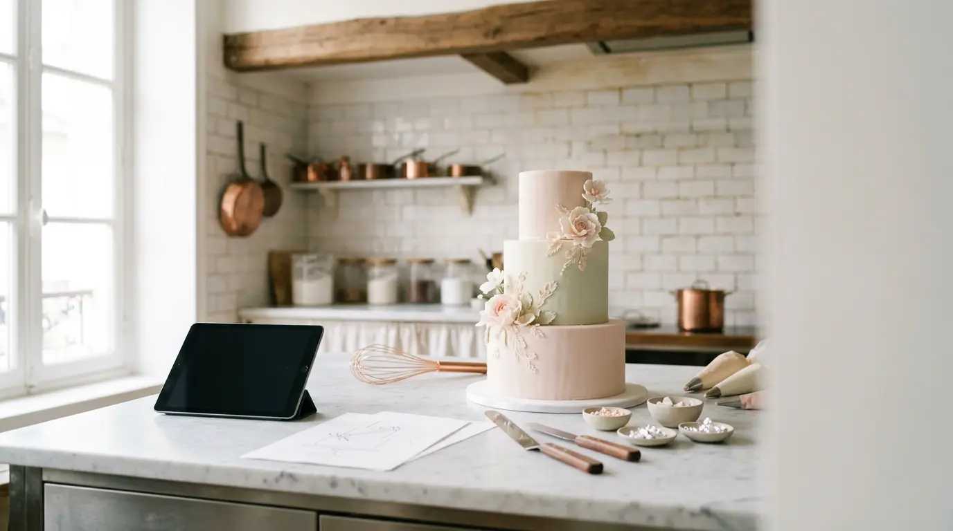 Cake designer française calculant le prix de ses créations dans son atelier