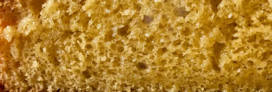 Cake doré sur une grille avec texture moelleuse visible en coupe