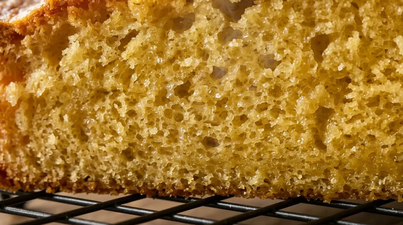 Cake doré sur une grille avec texture moelleuse visible en coupe