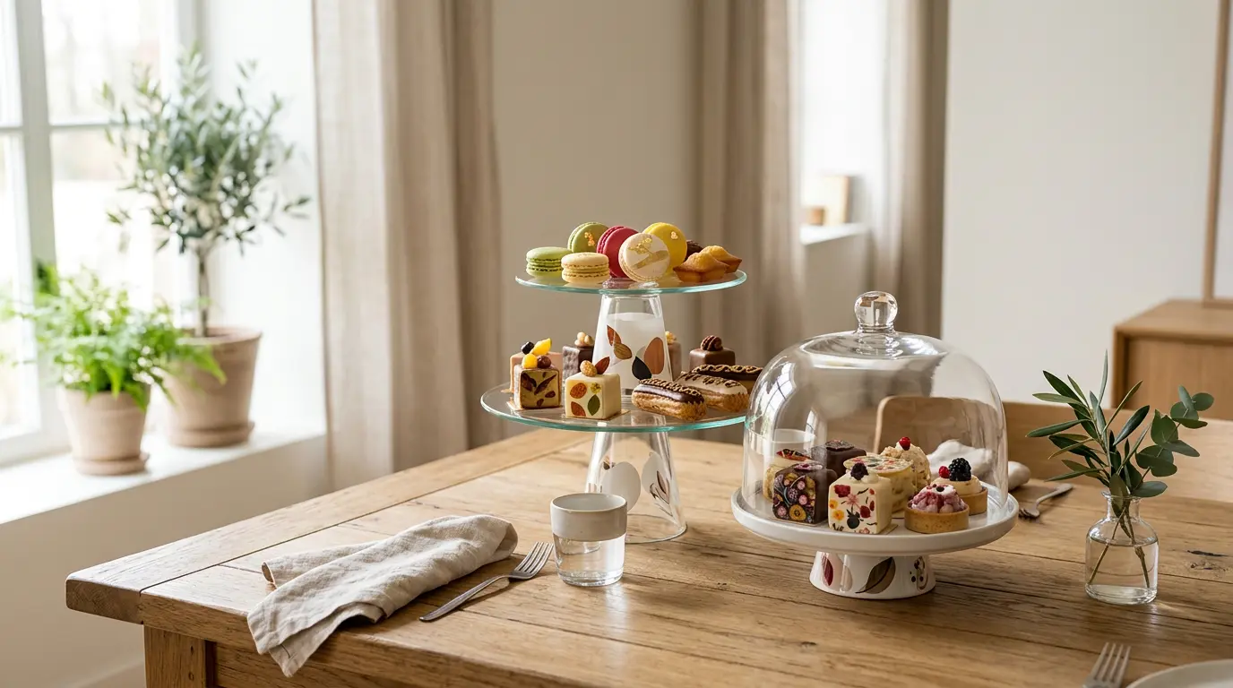 Centre de table comestible avec pâtisseries et protections en verre