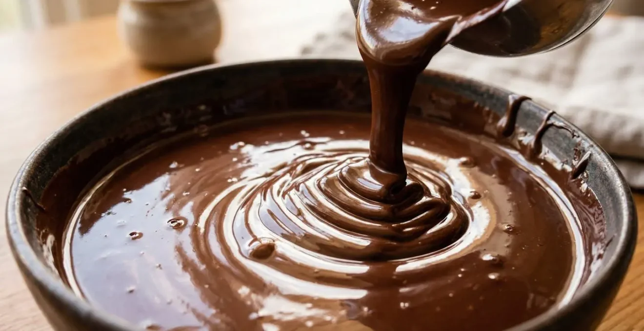 Vue macro de chocolat fondu montrant la brillance et la texture crémeuse du beurre de cacao