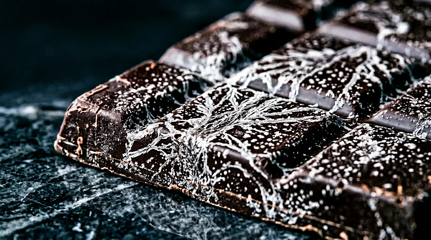 Tablette de chocolat noir avec effet de marbrure blanche caractéristique du fat bloom sur une surface en marbre