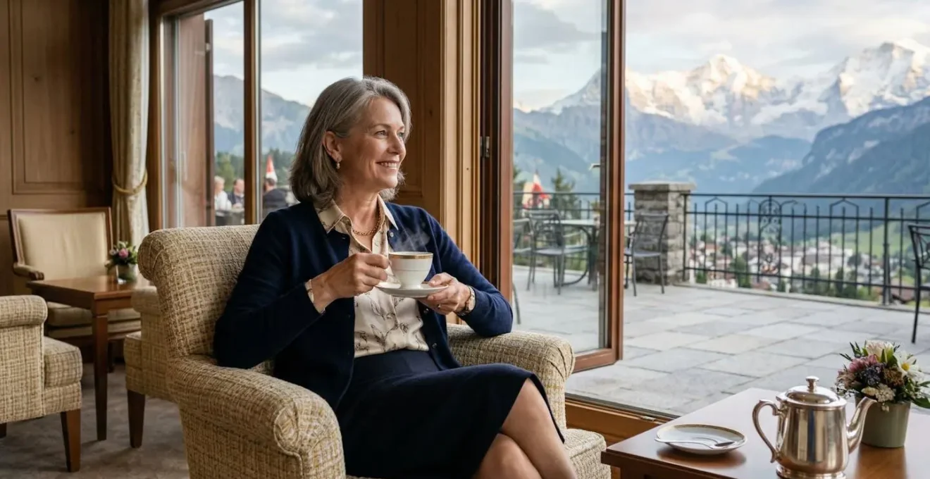 Cliente savourant une tasse de thé dans le salon d'un hôtel de luxe avec vue sur les montagnes