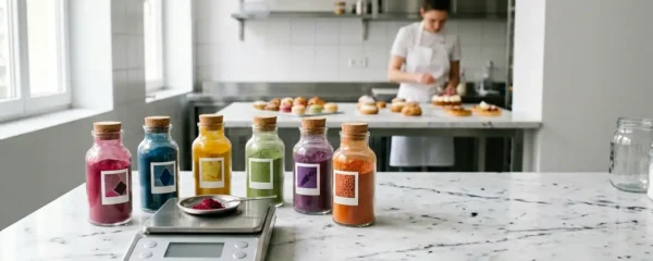 Laboratoire de pâtisserie moderne avec flacons de colorants naturels et balance de précision pour le dosage
