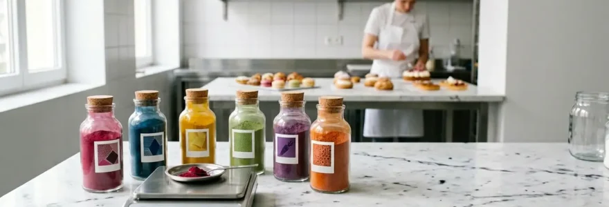 Laboratoire de pâtisserie moderne avec flacons de colorants naturels et balance de précision pour le dosage