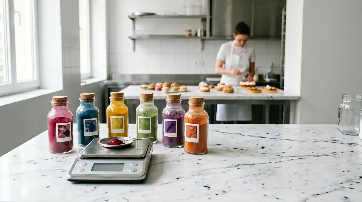 Laboratoire de pâtisserie moderne avec flacons de colorants naturels et balance de précision pour le dosage