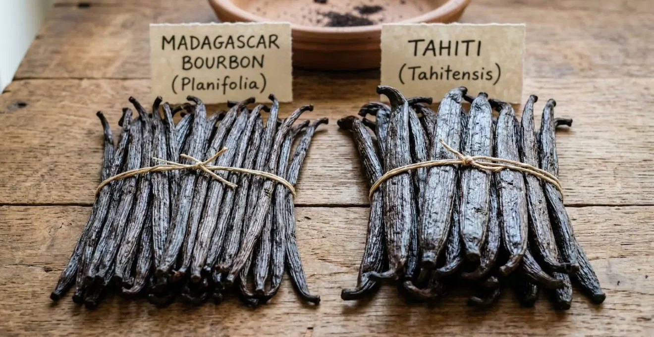 Gousses de vanille de Madagascar et Tahiti côte à côte montrant leurs différences