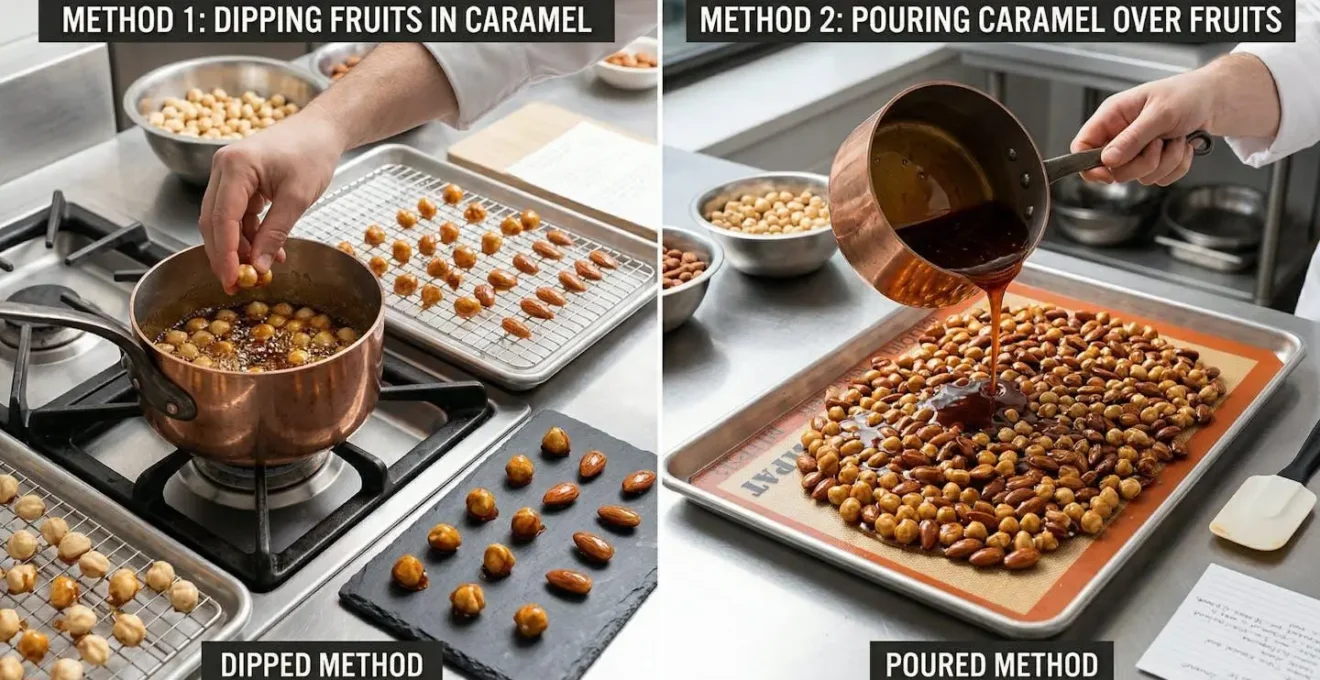 Comparaison visuelle des deux méthodes de caramélisation du praliné, l'une montrant les fruits cuisant dans le sucre, l'autre le caramel versé dessus.