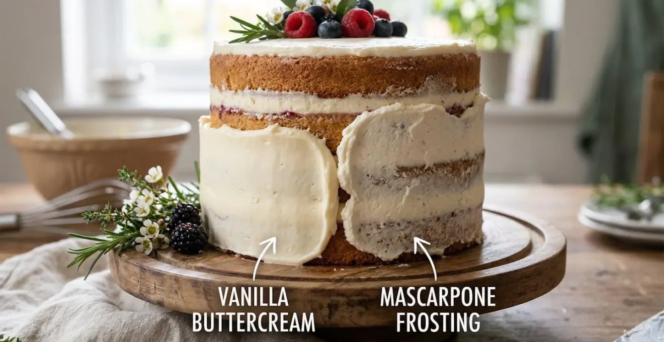 Comparaison visuelle des textures de crème au beurre et mascarpone sur les bords d'un Nude Cake