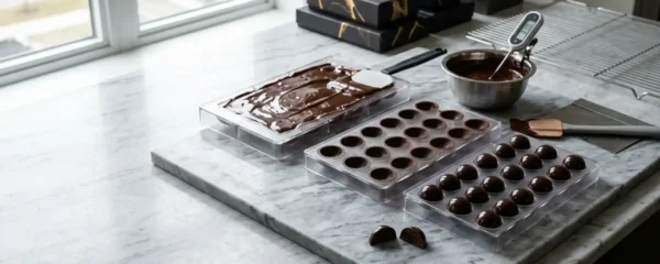 Coques de bonbons en chocolat ultra-fines brillantes sur un plan de travail en marbre avec moules en polycarbonate