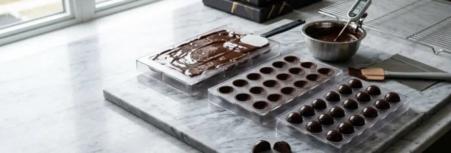 Coques de bonbons en chocolat ultra-fines brillantes sur un plan de travail en marbre avec moules en polycarbonate