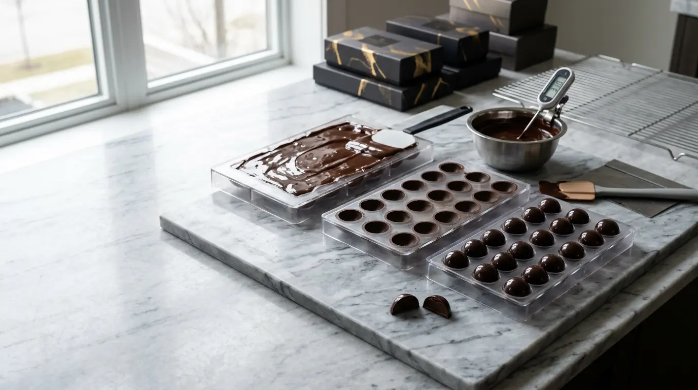 Coques de bonbons en chocolat ultra-fines brillantes sur un plan de travail en marbre avec moules en polycarbonate