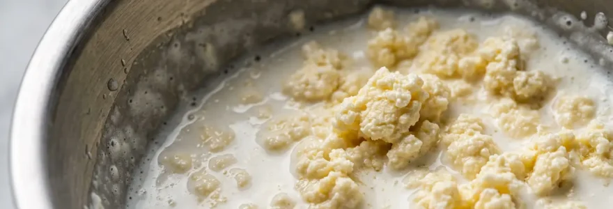 Vue macro d'une crème Chantilly en cours de transformation en beurre, montrant la séparation des phases