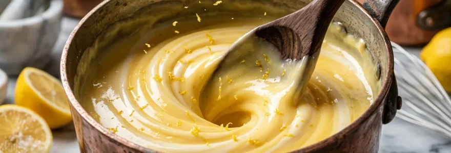 Une crème citron onctueuse en préparation avec des ustensiles de pâtisserie et des citrons frais