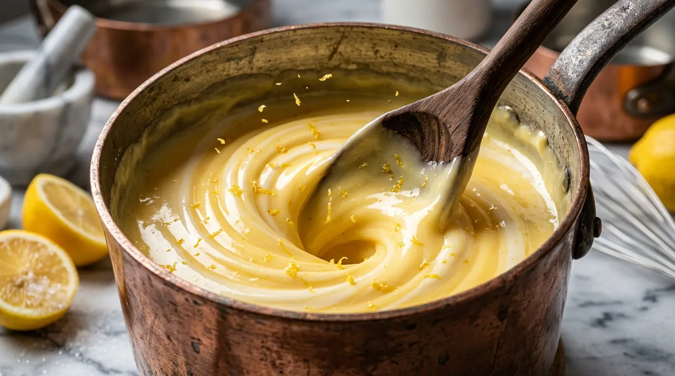 Une crème citron onctueuse en préparation avec des ustensiles de pâtisserie et des citrons frais