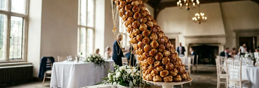 Croquembouche imposant sur table de réception avec détails architecturaux visibles et éléments de fragilité structurelle