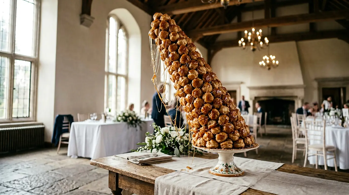 Croquembouche imposant sur table de réception avec détails architecturaux visibles et éléments de fragilité structurelle