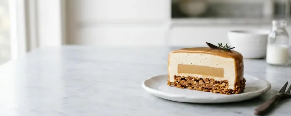 Un dessert élégant à trois textures avec une mousse aérienne, une base croustillante et un insert crémeux, présenté en coupe pour révéler les différentes couches