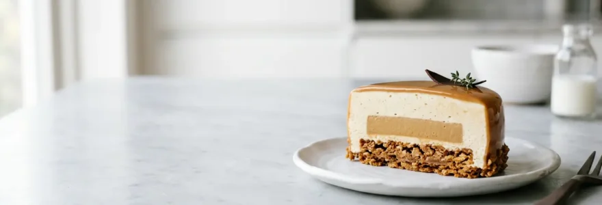 Un dessert élégant à trois textures avec une mousse aérienne, une base croustillante et un insert crémeux, présenté en coupe pour révéler les différentes couches