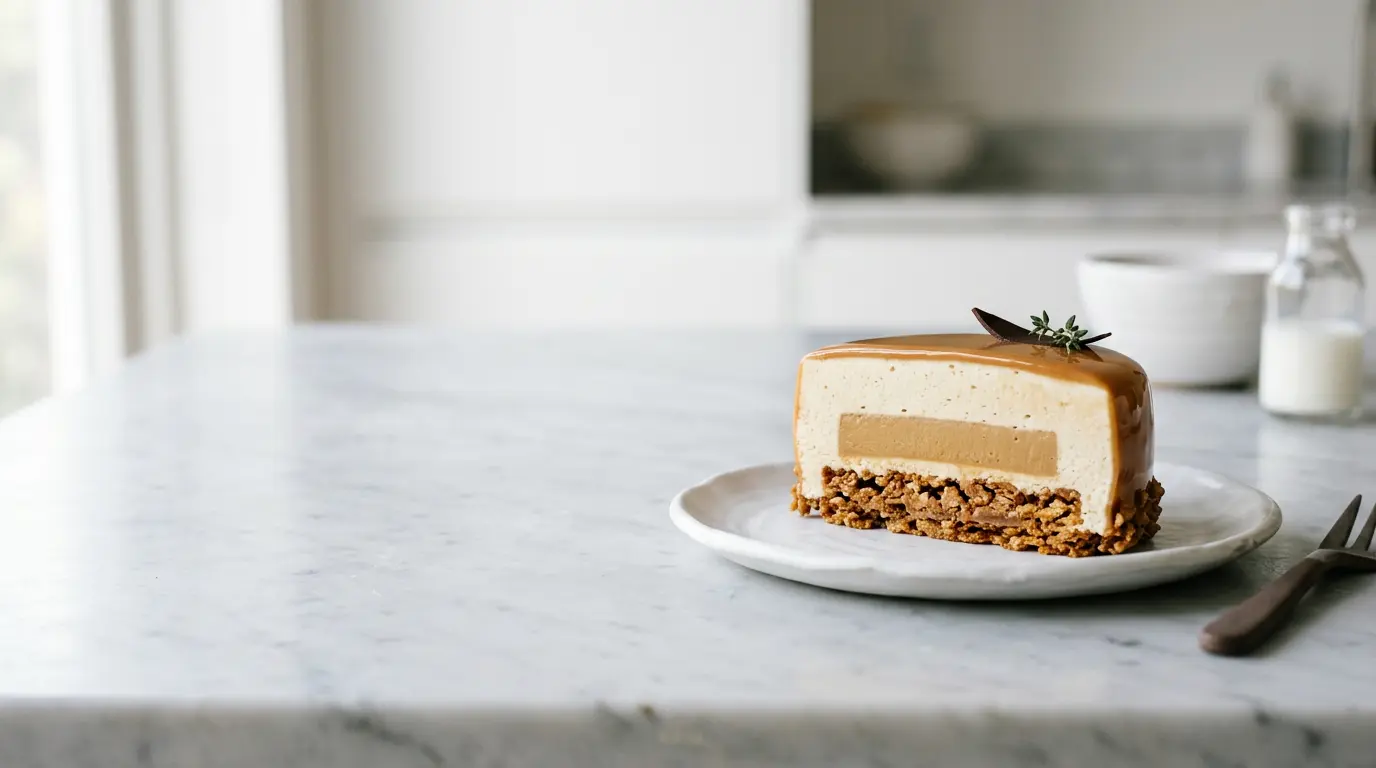 Un dessert élégant à trois textures avec une mousse aérienne, une base croustillante et un insert crémeux, présenté en coupe pour révéler les différentes couches