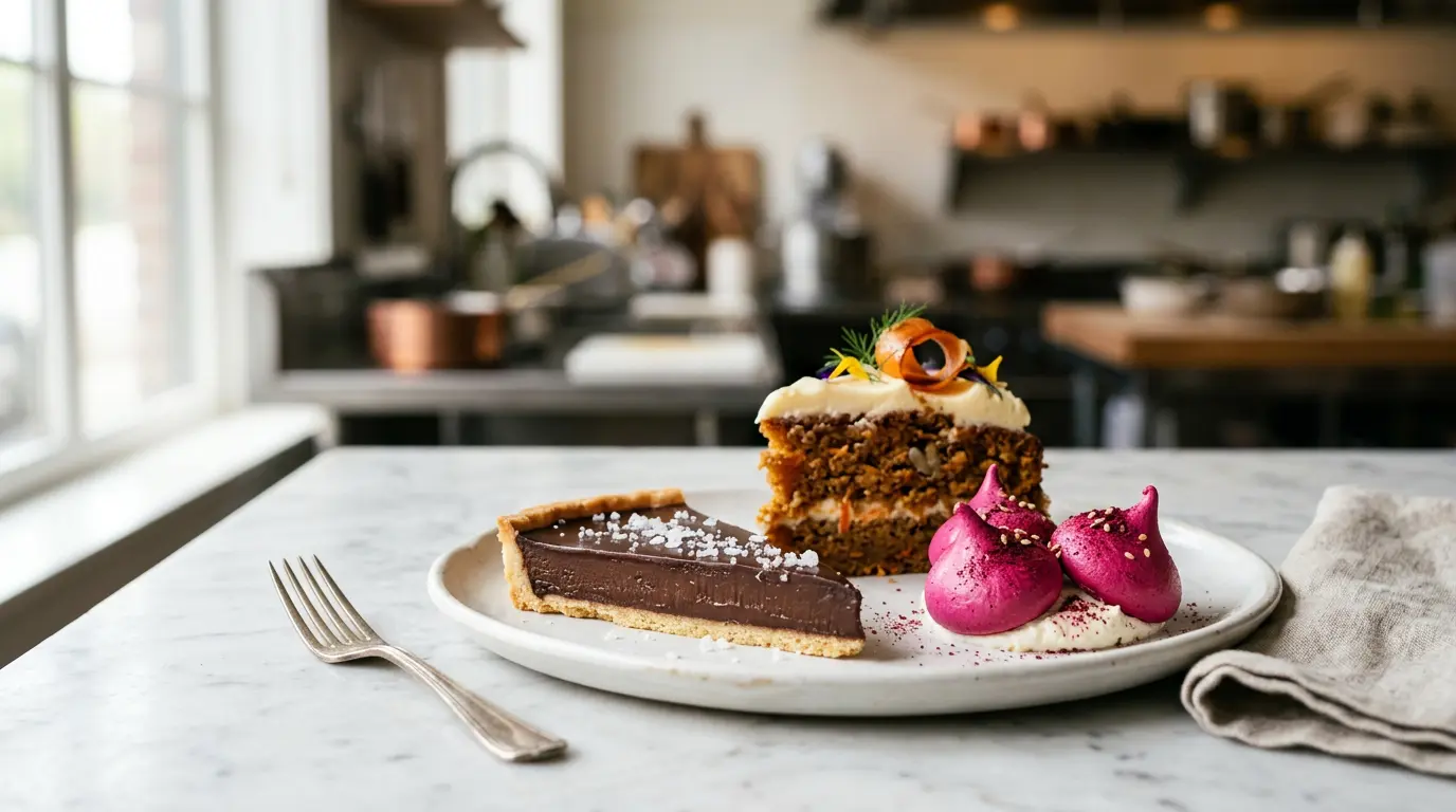 Composition gastronomique de desserts innovants mêlant légumes et touches salées