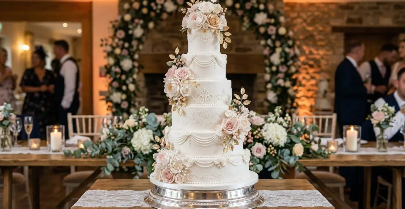 Étages de gâteau factices en polystyrène avec décoration en pâte à sucre pour un effet visuel impressionnant.