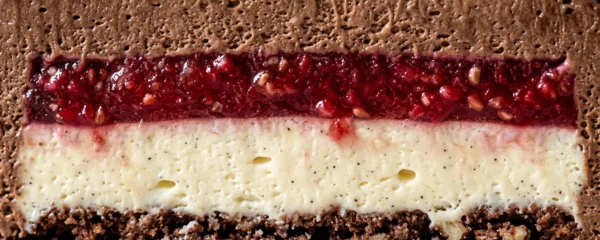 Vue en coupe d'un entremets aux multiples couches montrant les différentes textures et la stabilité structurelle