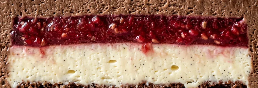 Vue en coupe d'un entremets aux multiples couches montrant les différentes textures et la stabilité structurelle