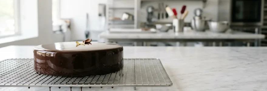 Entremets glacé au miroir de chocolat brillant posé sur grille avec gouttes figées