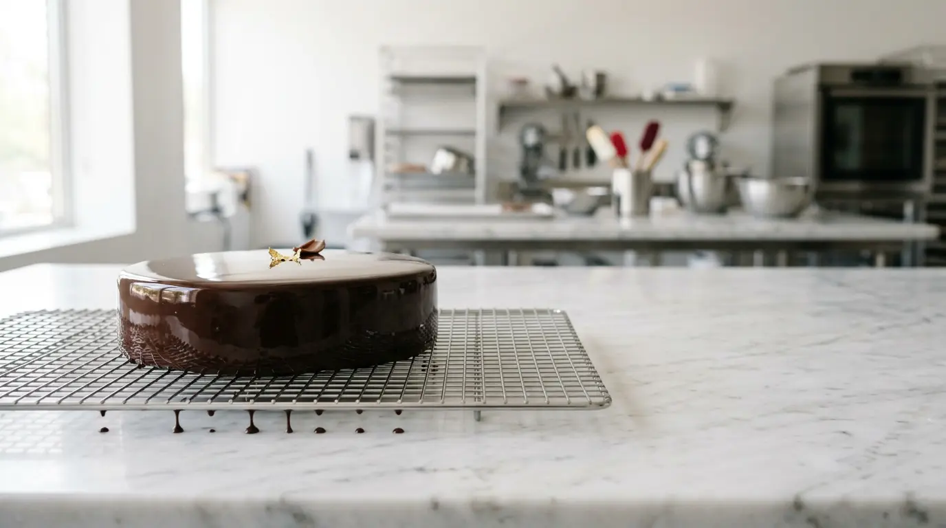 Entremets glacé au miroir de chocolat brillant posé sur grille avec gouttes figées
