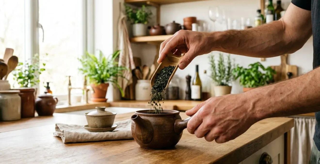 Feuilles de sencha séchées versées dans une kyusu théière japonaise en terre