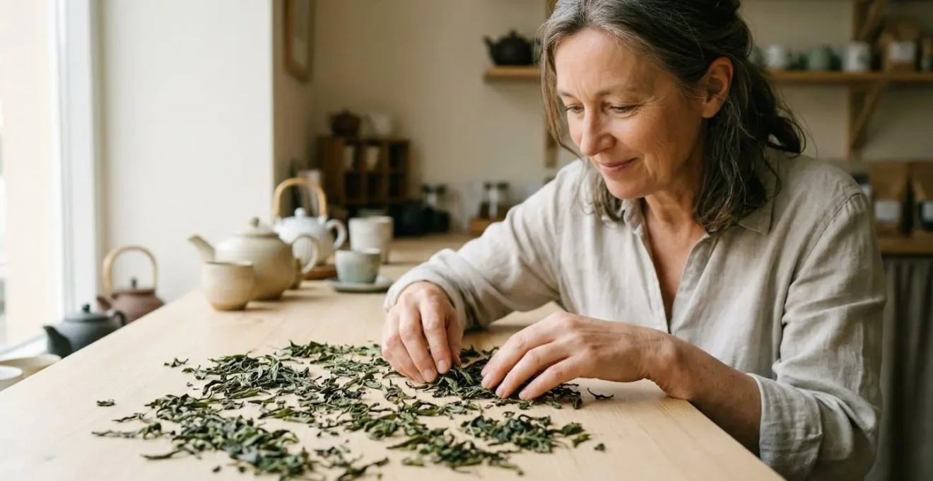 Feuilles de thé haut de gamme entières disposées sur surface en bois naturel