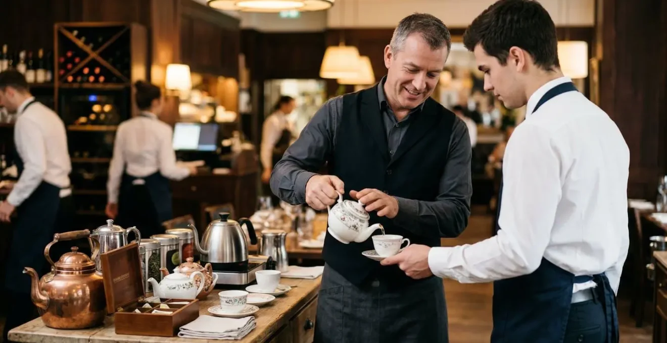 Chef de salle formant un serveur au service du thé en restaurant gastronomique