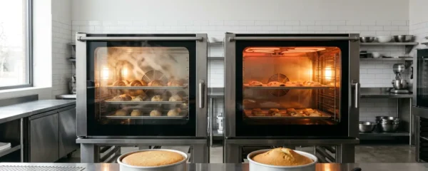 Comparaison visuelle entre un four ventilé et un four à chaleur statique avec des pâtisseries en cuisson